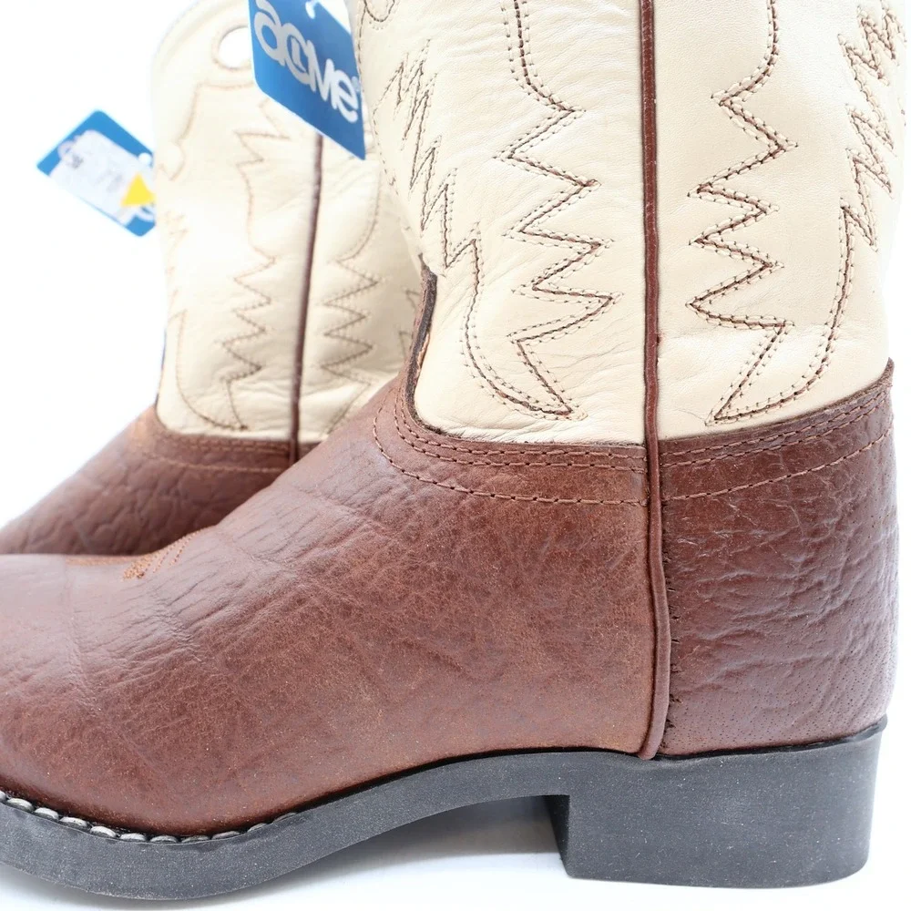 Acme Vintage Cowboy Boots Boys 2 Brown Cream Bullhide Roper NWT Deadstock